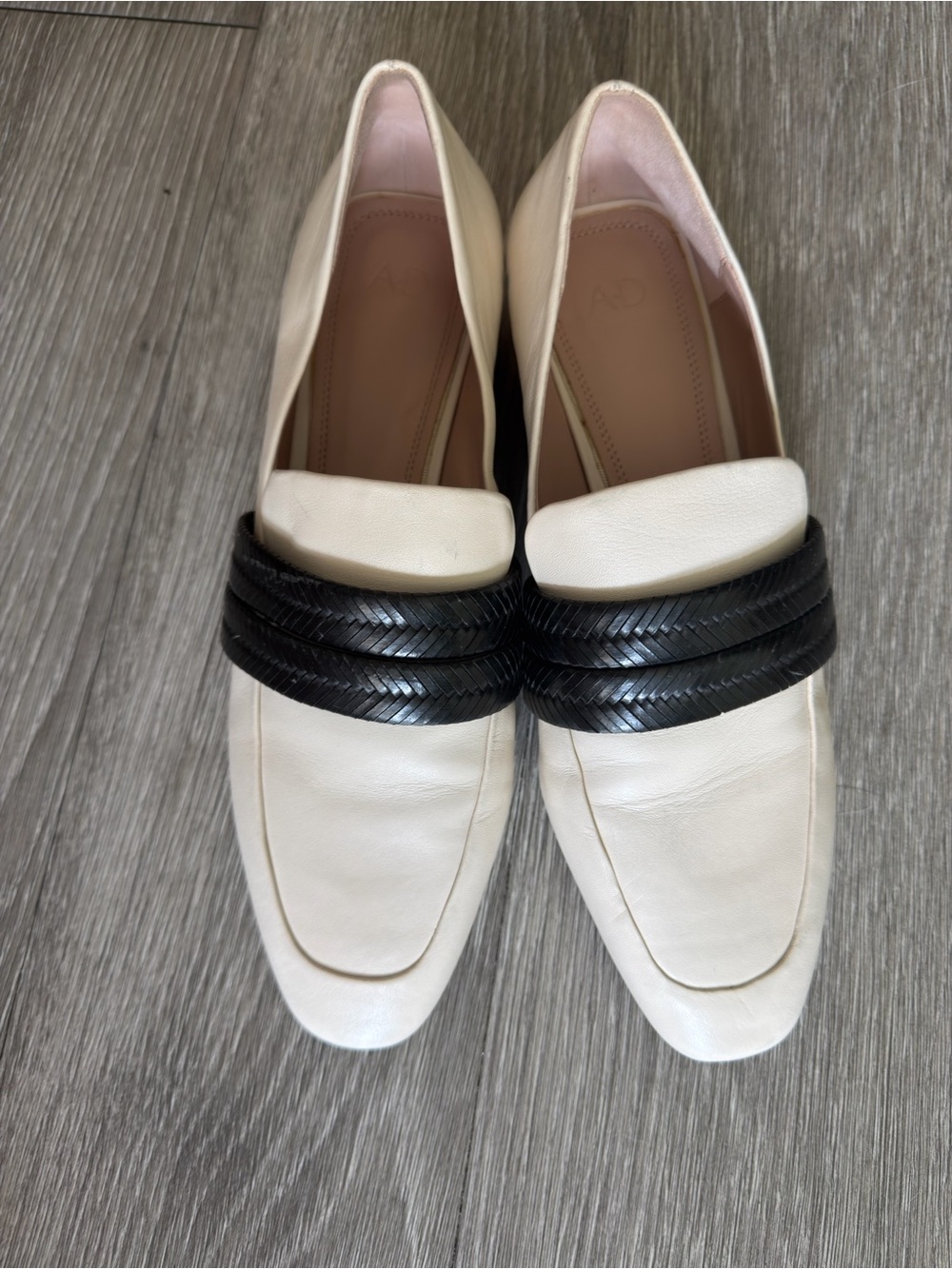 A.D & Daughters Cream Leather Loafers with Black Braided Strap Accent
